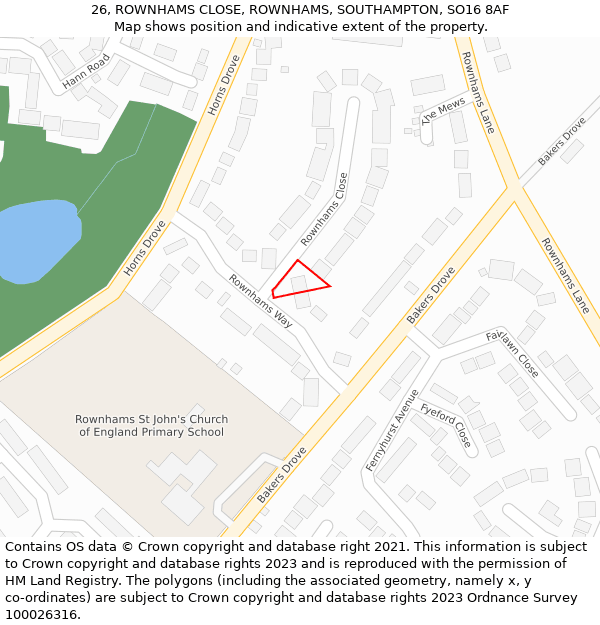 26, ROWNHAMS CLOSE, ROWNHAMS, SOUTHAMPTON, SO16 8AF: Location map and indicative extent of plot