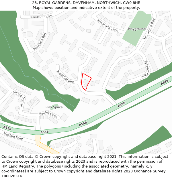 26, ROYAL GARDENS, DAVENHAM, NORTHWICH, CW9 8HB: Location map and indicative extent of plot