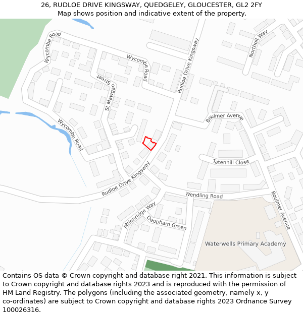 26, RUDLOE DRIVE KINGSWAY, QUEDGELEY, GLOUCESTER, GL2 2FY: Location map and indicative extent of plot