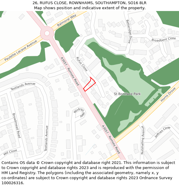 26, RUFUS CLOSE, ROWNHAMS, SOUTHAMPTON, SO16 8LR: Location map and indicative extent of plot