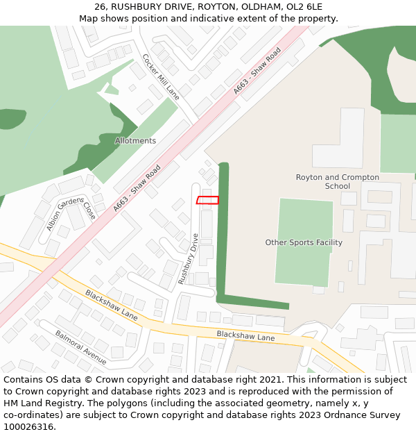 26, RUSHBURY DRIVE, ROYTON, OLDHAM, OL2 6LE: Location map and indicative extent of plot