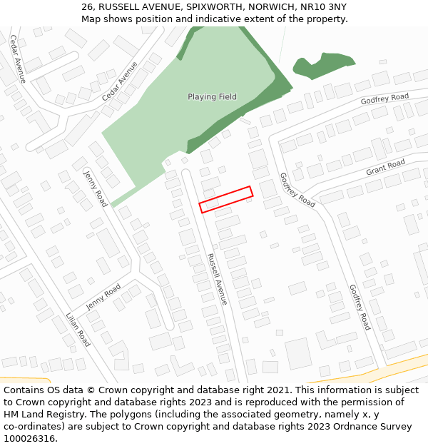 26, RUSSELL AVENUE, SPIXWORTH, NORWICH, NR10 3NY: Location map and indicative extent of plot