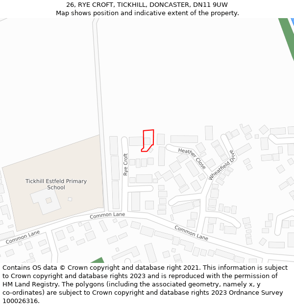 26, RYE CROFT, TICKHILL, DONCASTER, DN11 9UW: Location map and indicative extent of plot