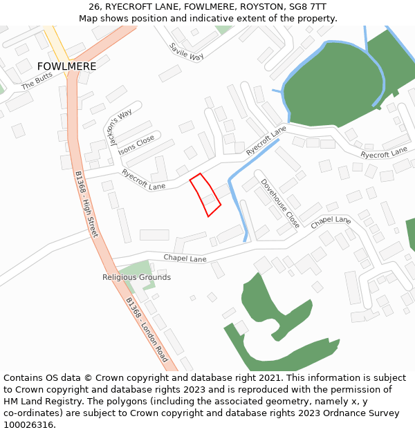 26, RYECROFT LANE, FOWLMERE, ROYSTON, SG8 7TT: Location map and indicative extent of plot