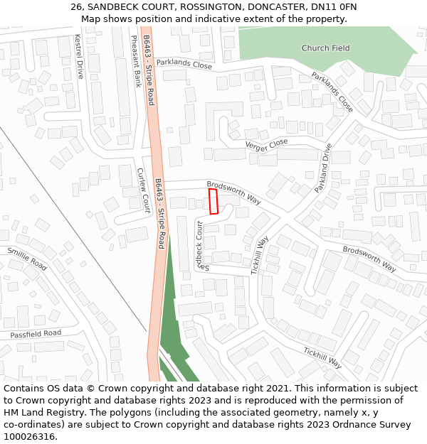 26, SANDBECK COURT, ROSSINGTON, DONCASTER, DN11 0FN: Location map and indicative extent of plot