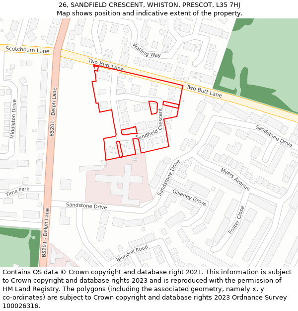 26, SANDFIELD CRESCENT, WHISTON, PRESCOT, L35 7HJ: Location map and indicative extent of plot