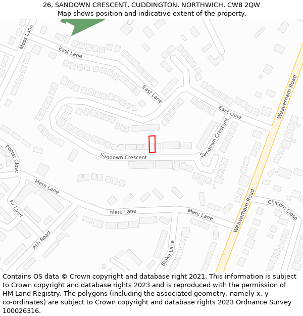 26, SANDOWN CRESCENT, CUDDINGTON, NORTHWICH, CW8 2QW: Location map and indicative extent of plot