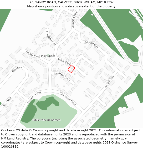 26, SANDY ROAD, CALVERT, BUCKINGHAM, MK18 2FW: Location map and indicative extent of plot