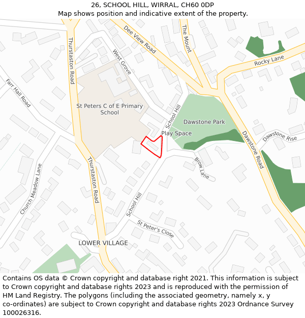 26, SCHOOL HILL, WIRRAL, CH60 0DP: Location map and indicative extent of plot