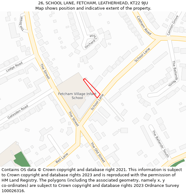 26, SCHOOL LANE, FETCHAM, LEATHERHEAD, KT22 9JU: Location map and indicative extent of plot