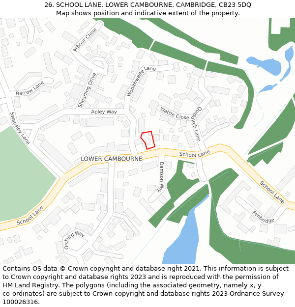 26, SCHOOL LANE, LOWER CAMBOURNE, CAMBRIDGE, CB23 5DQ: Location map and indicative extent of plot