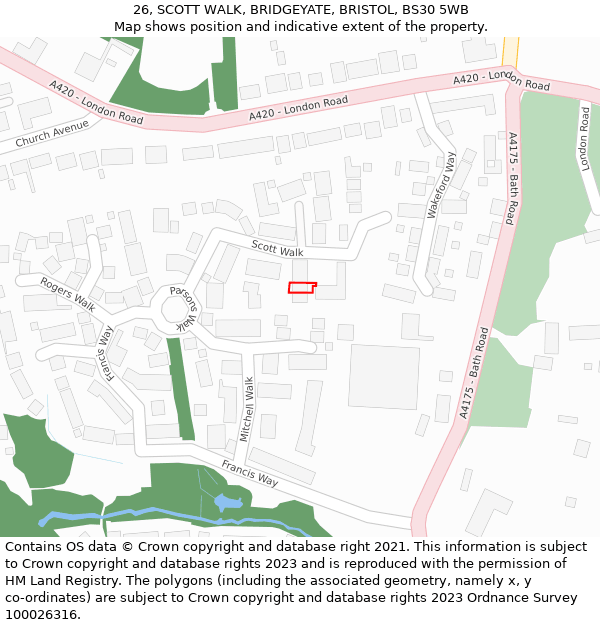 26, SCOTT WALK, BRIDGEYATE, BRISTOL, BS30 5WB: Location map and indicative extent of plot