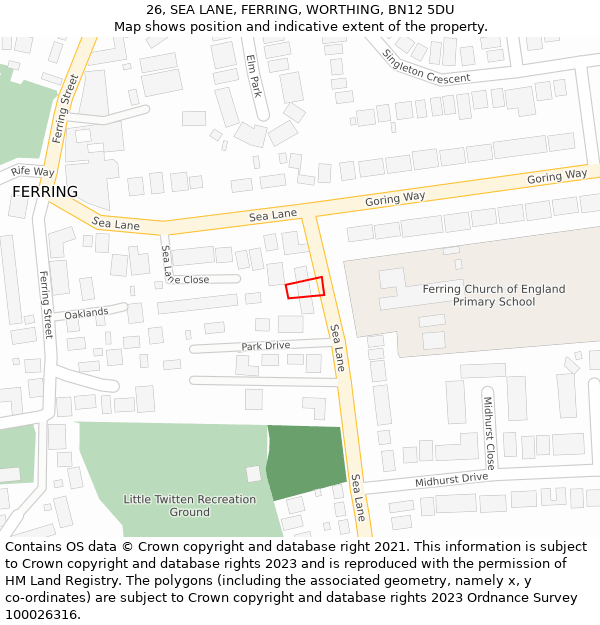 26, SEA LANE, FERRING, WORTHING, BN12 5DU: Location map and indicative extent of plot