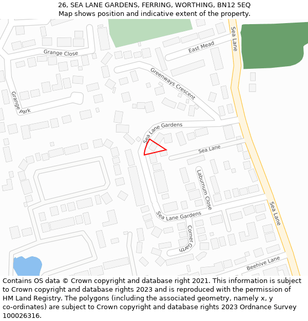 26, SEA LANE GARDENS, FERRING, WORTHING, BN12 5EQ: Location map and indicative extent of plot