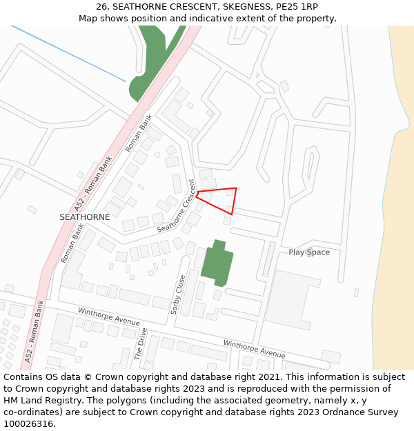 26, SEATHORNE CRESCENT, SKEGNESS, PE25 1RP: Location map and indicative extent of plot