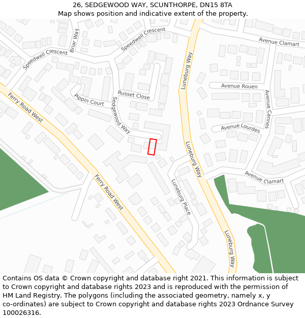 26, SEDGEWOOD WAY, SCUNTHORPE, DN15 8TA: Location map and indicative extent of plot