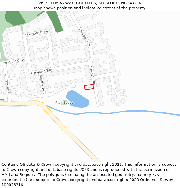 26, SELEMBA WAY, GREYLEES, SLEAFORD, NG34 8GX: Location map and indicative extent of plot