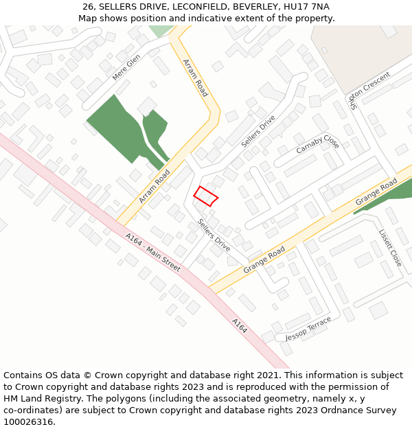 26, SELLERS DRIVE, LECONFIELD, BEVERLEY, HU17 7NA: Location map and indicative extent of plot