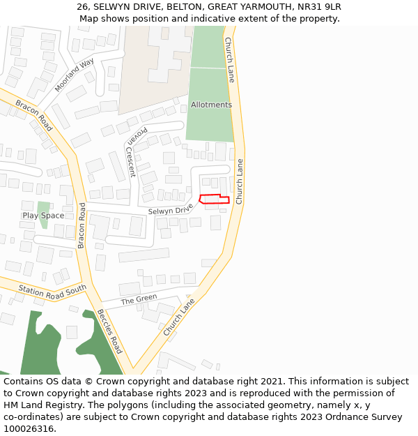 26, SELWYN DRIVE, BELTON, GREAT YARMOUTH, NR31 9LR: Location map and indicative extent of plot