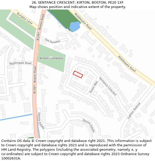 26, SENTANCE CRESCENT, KIRTON, BOSTON, PE20 1XF: Location map and indicative extent of plot