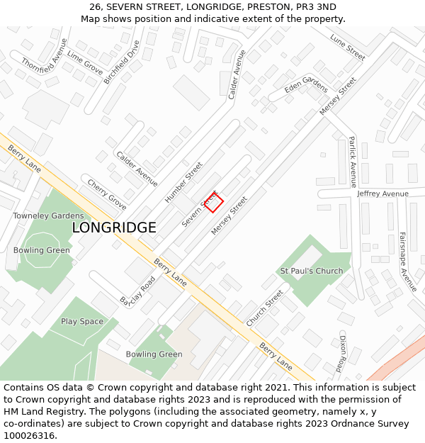 26, SEVERN STREET, LONGRIDGE, PRESTON, PR3 3ND: Location map and indicative extent of plot
