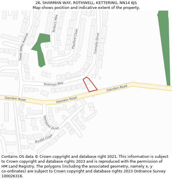 26, SHARMAN WAY, ROTHWELL, KETTERING, NN14 6JS: Location map and indicative extent of plot