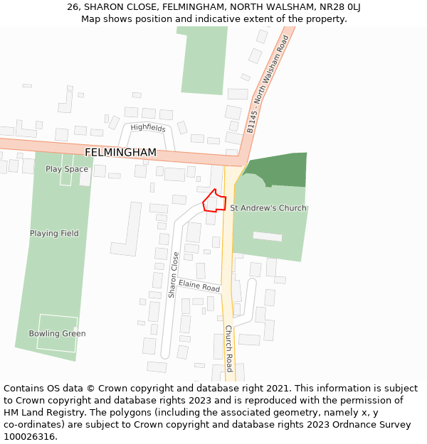 26, SHARON CLOSE, FELMINGHAM, NORTH WALSHAM, NR28 0LJ: Location map and indicative extent of plot