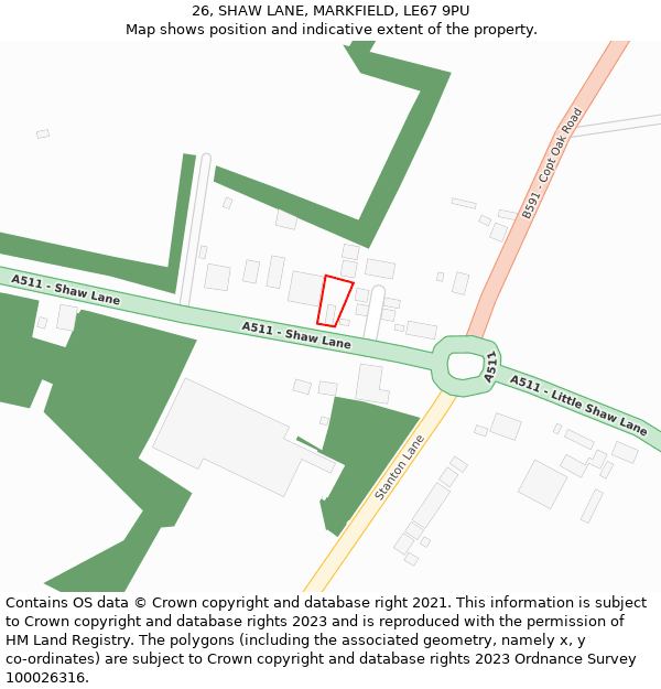 26, SHAW LANE, MARKFIELD, LE67 9PU: Location map and indicative extent of plot