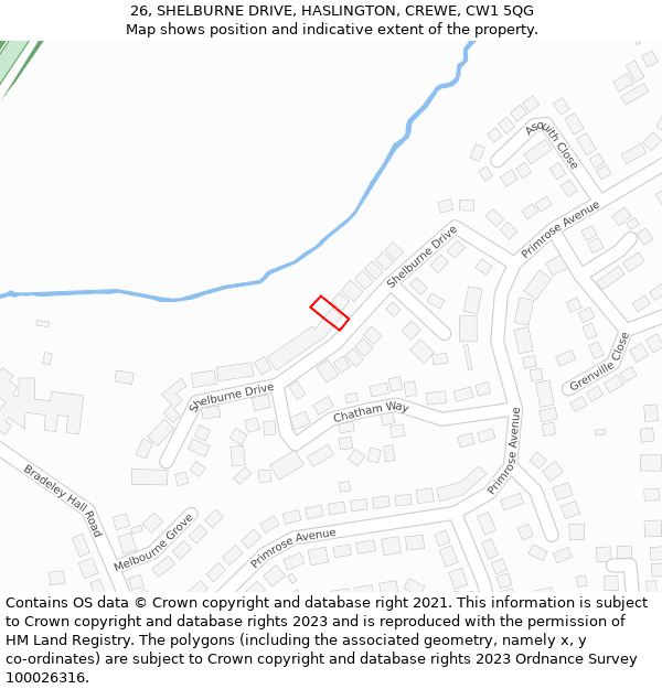 26, SHELBURNE DRIVE, HASLINGTON, CREWE, CW1 5QG: Location map and indicative extent of plot