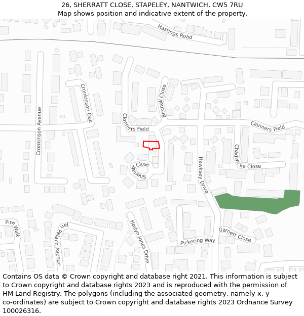 26, SHERRATT CLOSE, STAPELEY, NANTWICH, CW5 7RU: Location map and indicative extent of plot