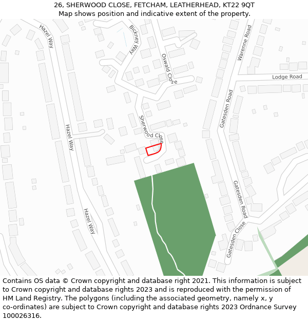 26, SHERWOOD CLOSE, FETCHAM, LEATHERHEAD, KT22 9QT: Location map and indicative extent of plot