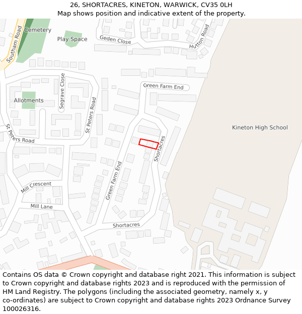 26, SHORTACRES, KINETON, WARWICK, CV35 0LH: Location map and indicative extent of plot