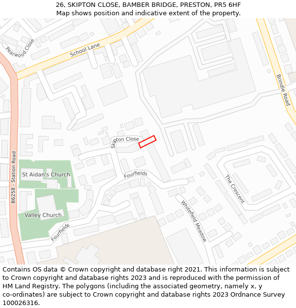 26, SKIPTON CLOSE, BAMBER BRIDGE, PRESTON, PR5 6HF: Location map and indicative extent of plot