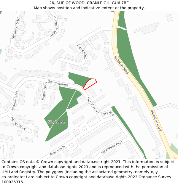 26, SLIP OF WOOD, CRANLEIGH, GU6 7BE: Location map and indicative extent of plot