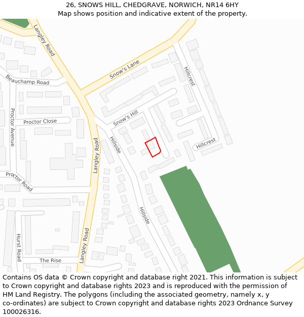 26, SNOWS HILL, CHEDGRAVE, NORWICH, NR14 6HY: Location map and indicative extent of plot