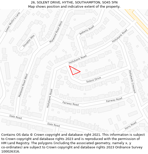 26, SOLENT DRIVE, HYTHE, SOUTHAMPTON, SO45 5FN: Location map and indicative extent of plot