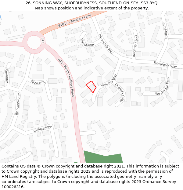 26, SONNING WAY, SHOEBURYNESS, SOUTHEND-ON-SEA, SS3 8YQ: Location map and indicative extent of plot