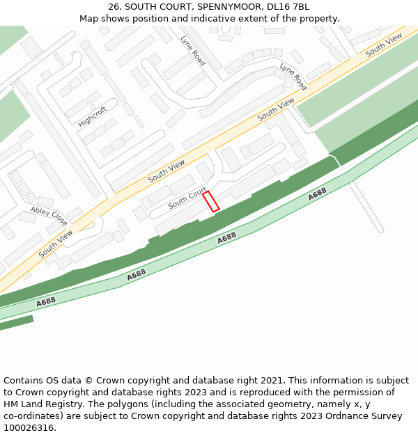 26, SOUTH COURT, SPENNYMOOR, DL16 7BL: Location map and indicative extent of plot