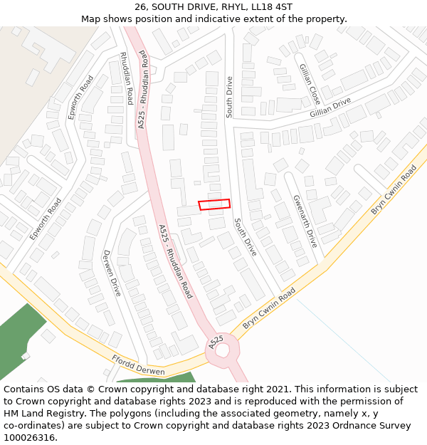 26, SOUTH DRIVE, RHYL, LL18 4ST: Location map and indicative extent of plot