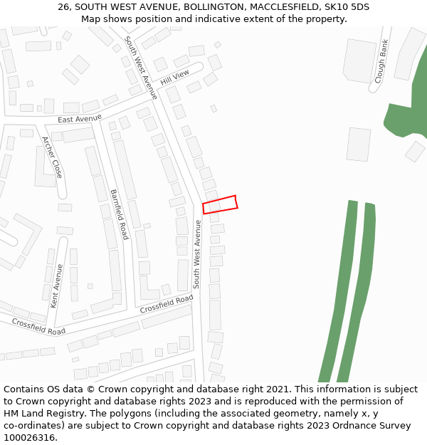 26, SOUTH WEST AVENUE, BOLLINGTON, MACCLESFIELD, SK10 5DS: Location map and indicative extent of plot
