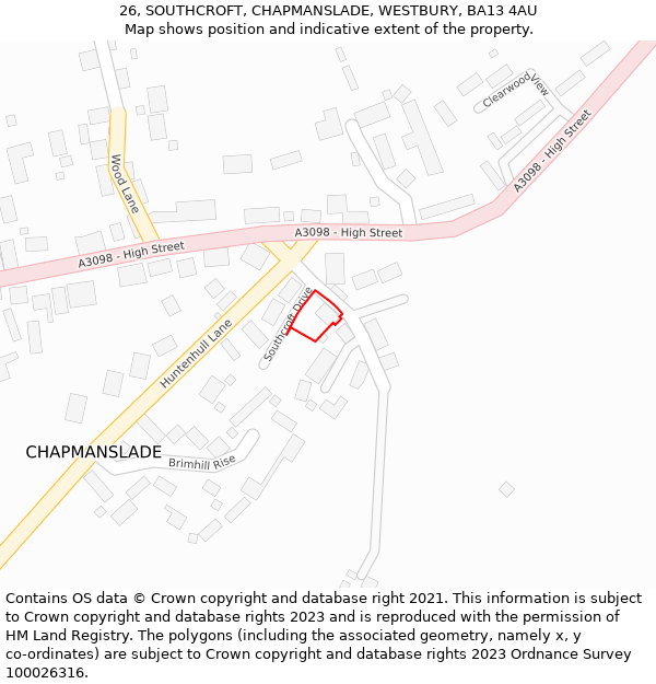 26, SOUTHCROFT, CHAPMANSLADE, WESTBURY, BA13 4AU: Location map and indicative extent of plot