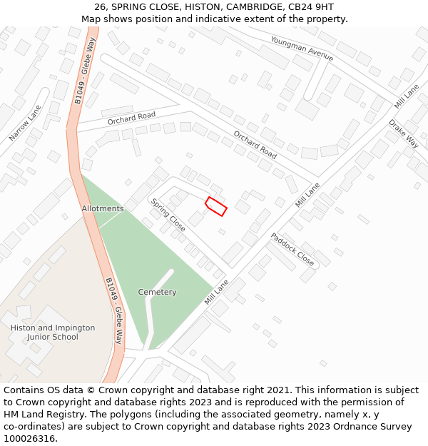 26, SPRING CLOSE, HISTON, CAMBRIDGE, CB24 9HT: Location map and indicative extent of plot