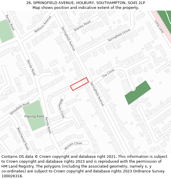 26, SPRINGFIELD AVENUE, HOLBURY, SOUTHAMPTON, SO45 2LP: Location map and indicative extent of plot