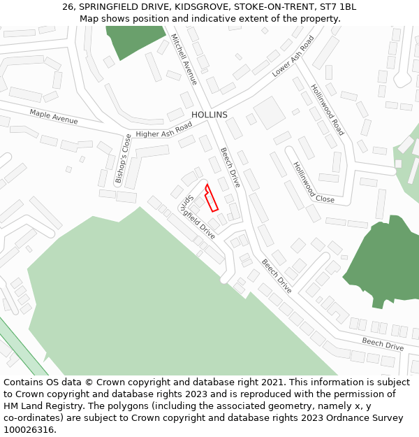 26, SPRINGFIELD DRIVE, KIDSGROVE, STOKE-ON-TRENT, ST7 1BL: Location map and indicative extent of plot