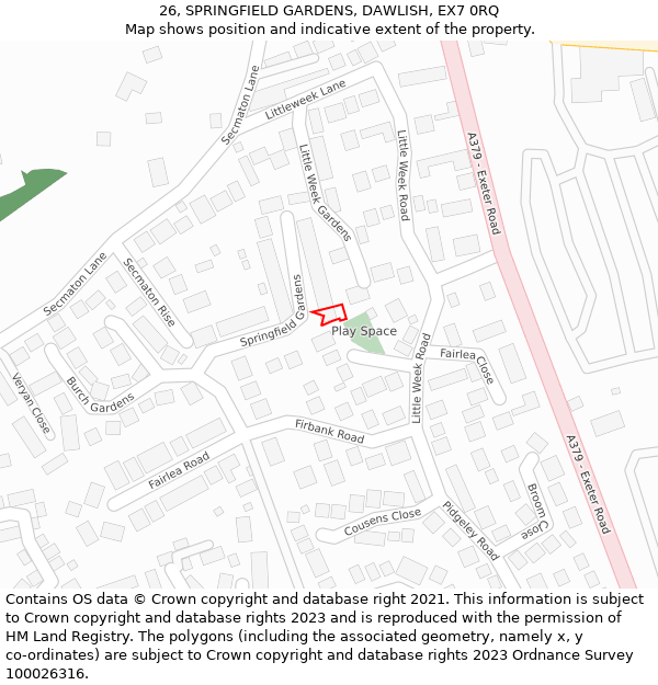 26, SPRINGFIELD GARDENS, DAWLISH, EX7 0RQ: Location map and indicative extent of plot