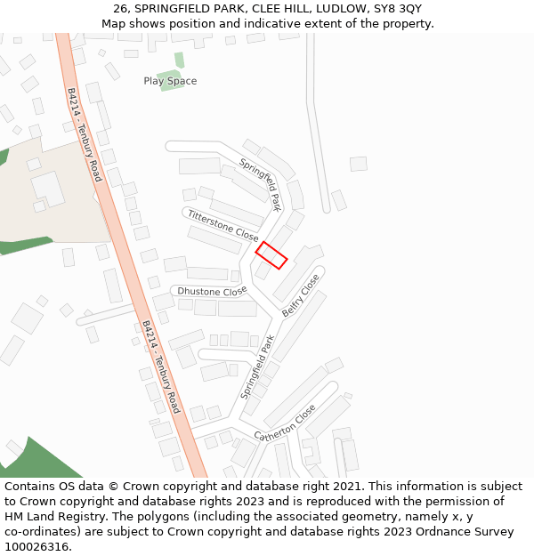 26, SPRINGFIELD PARK, CLEE HILL, LUDLOW, SY8 3QY: Location map and indicative extent of plot