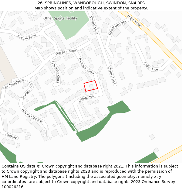 26, SPRINGLINES, WANBOROUGH, SWINDON, SN4 0ES: Location map and indicative extent of plot