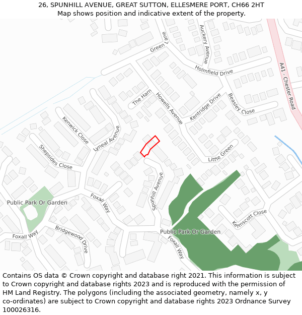 26, SPUNHILL AVENUE, GREAT SUTTON, ELLESMERE PORT, CH66 2HT: Location map and indicative extent of plot