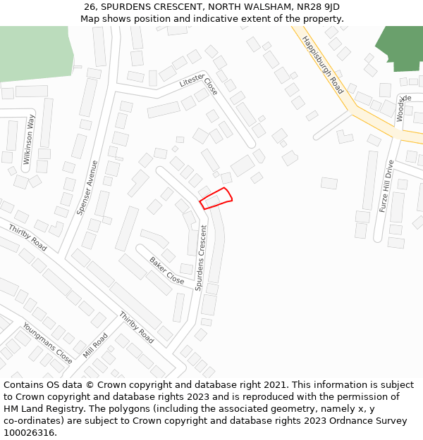 26, SPURDENS CRESCENT, NORTH WALSHAM, NR28 9JD: Location map and indicative extent of plot