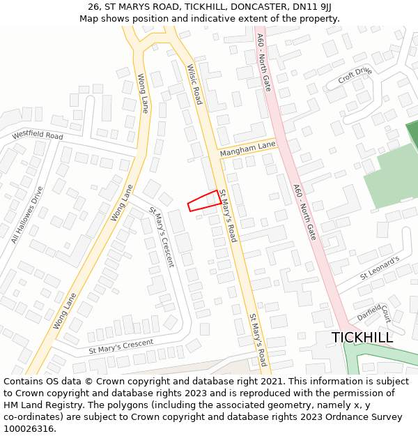 26, ST MARYS ROAD, TICKHILL, DONCASTER, DN11 9JJ: Location map and indicative extent of plot